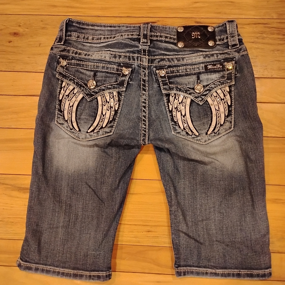 Miss Me Blue Denim Bermuda Shorts with Wing Design
